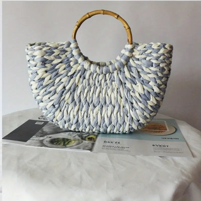 Women’s Summer 2024 Blue Striped Paper Rope Straw Woven Bag - Beach Bag with Bamboo Handle Versatile Tote for Market &