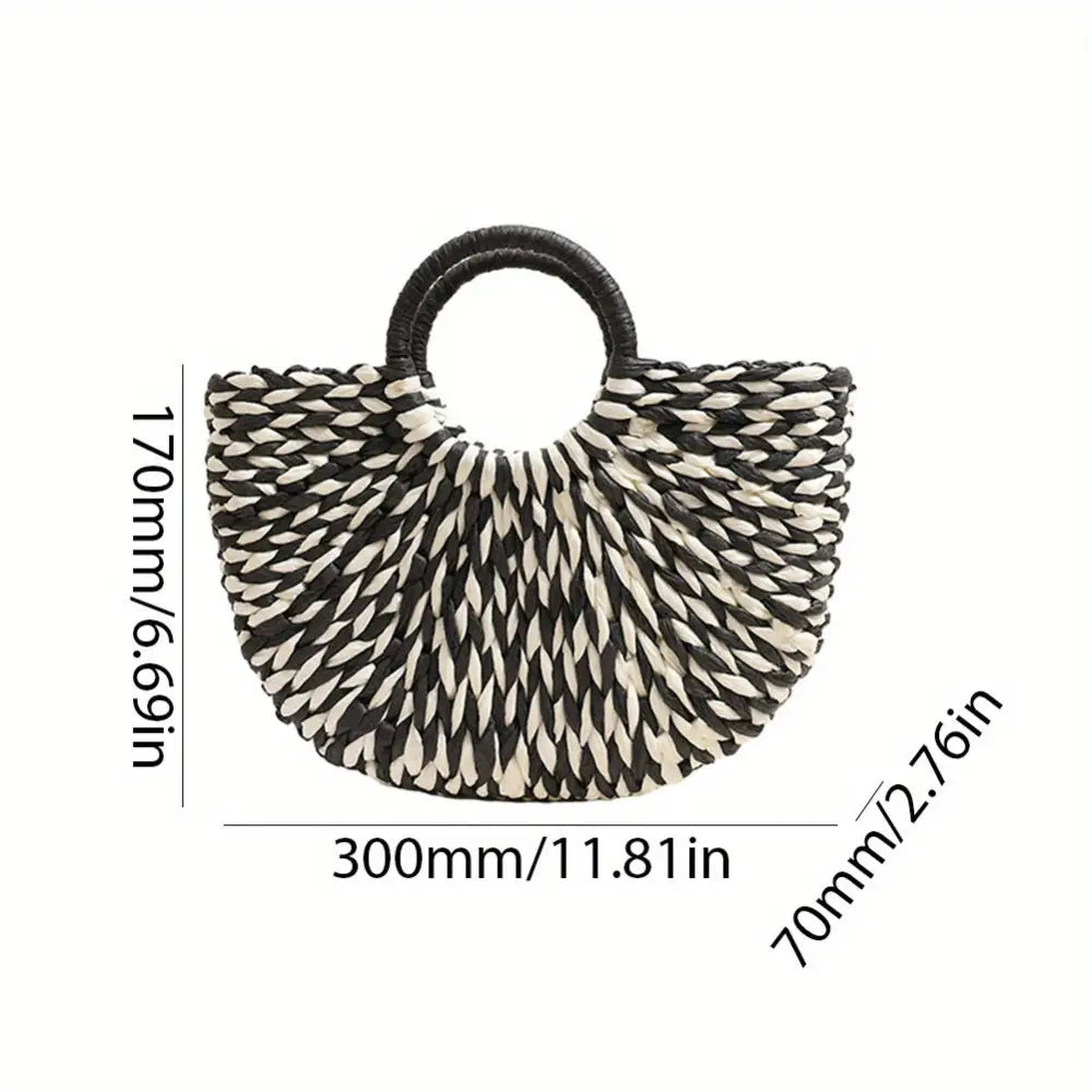 Women’s Summer 2024 Blue Striped Paper Rope Straw Woven Bag - Beach Bag with Bamboo Handle Versatile Tote for Market &