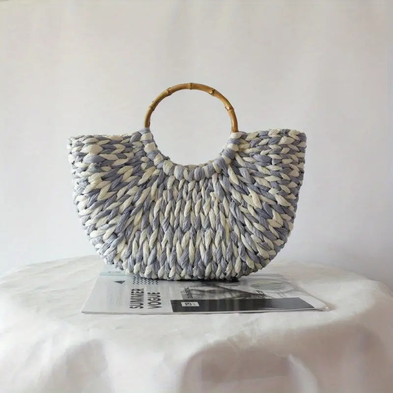 Women’s Summer 2024 Blue Striped Paper Rope Straw Woven Bag - Beach Bag with Bamboo Handle Versatile Tote for Market &