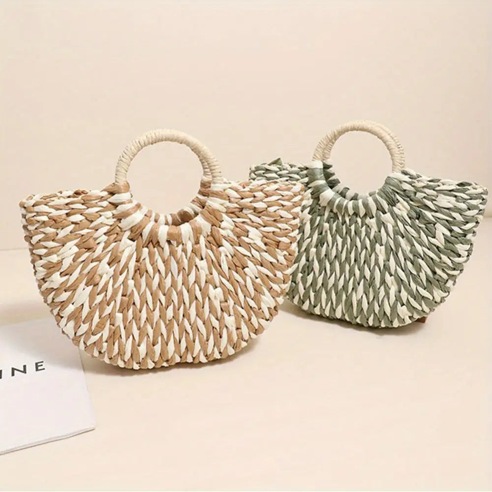 Women’s Summer 2024 Blue Striped Paper Rope Straw Woven Bag - Beach Bag with Bamboo Handle Versatile Tote for Market &