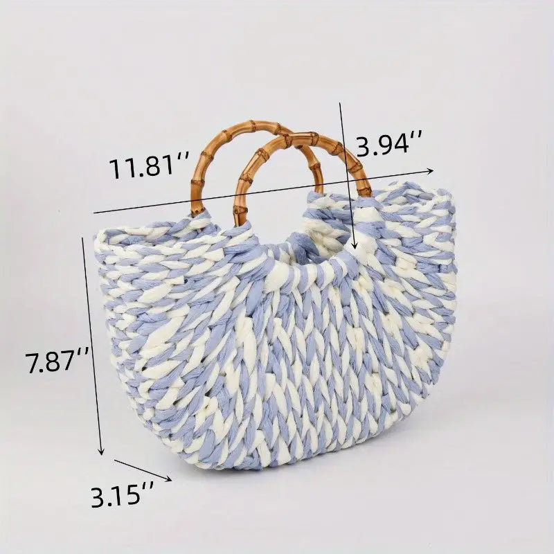 Women’s Summer 2024 Blue Striped Paper Rope Straw Woven Bag - Beach Bag with Bamboo Handle Versatile Tote for Market &