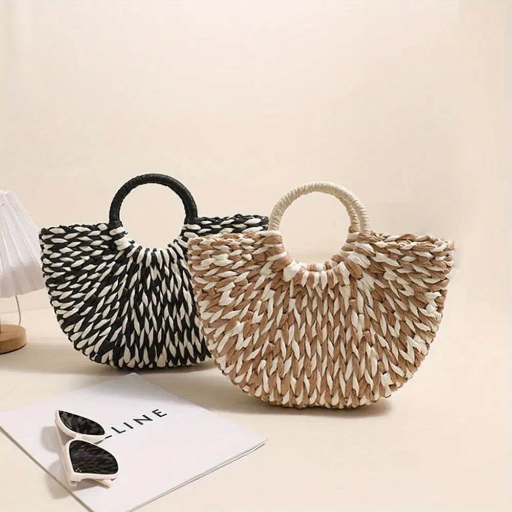 Women’s Summer 2024 Blue Striped Paper Rope Straw Woven Bag - Beach Bag with Bamboo Handle Versatile Tote for Market &