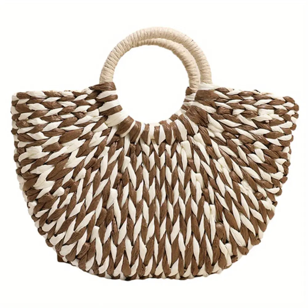 Women’s Summer 2024 Blue Striped Paper Rope Straw Woven Bag - Beach Bag with Bamboo Handle Versatile Tote for Market &