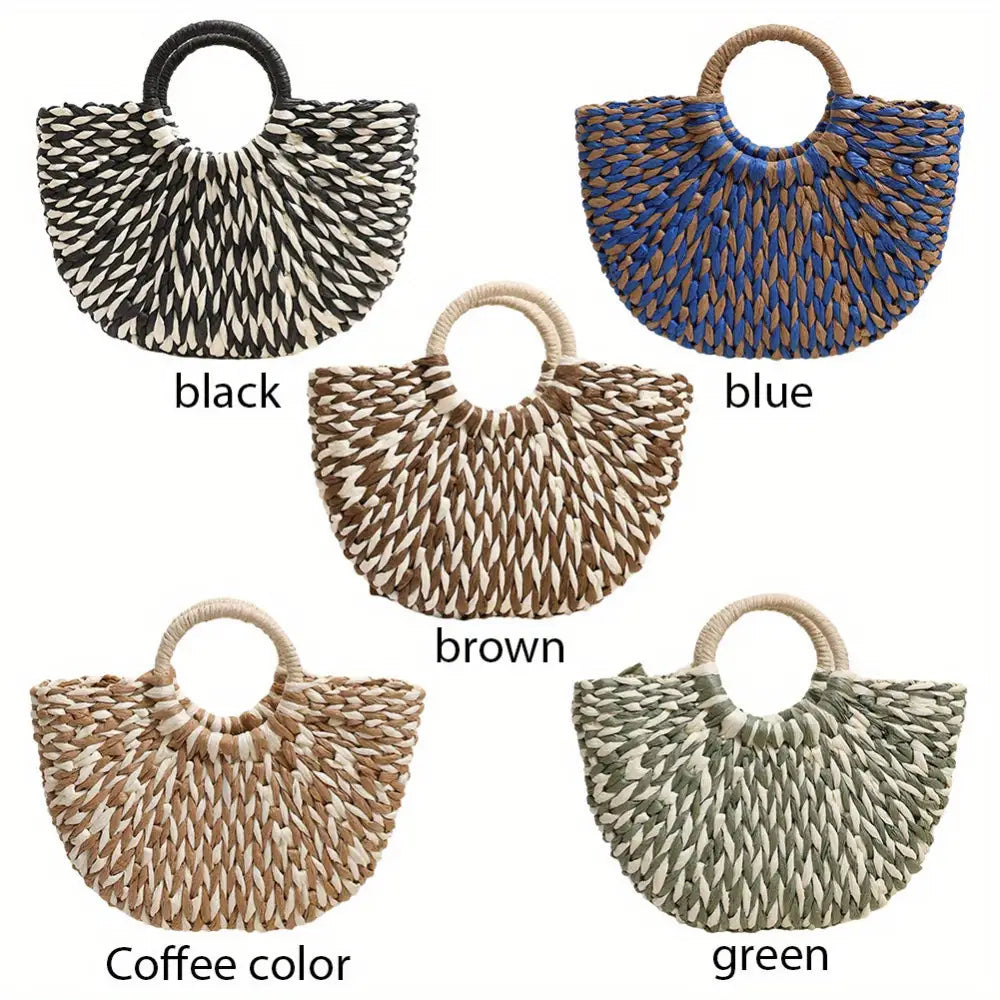 Women’s Summer 2024 Blue Striped Paper Rope Straw Woven Bag - Beach Bag with Bamboo Handle Versatile Tote for Market &