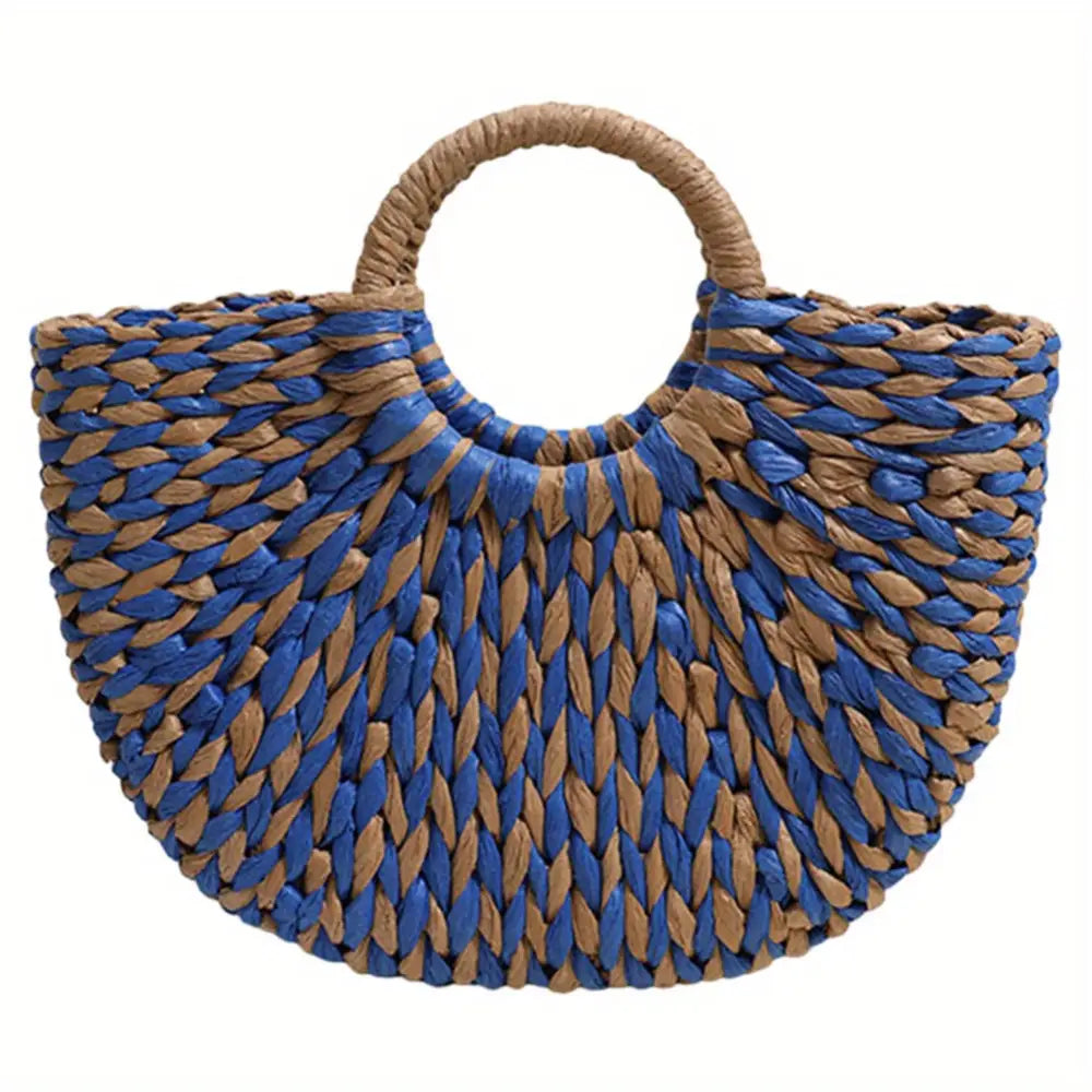 Women’s Summer 2024 Blue Striped Paper Rope Straw Woven Bag - Beach Bag with Bamboo Handle Versatile Tote for Market &