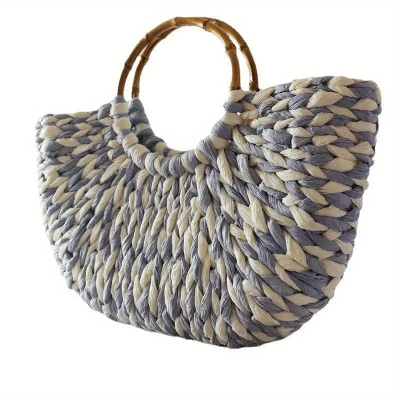 Women’s Summer 2024 Blue Striped Paper Rope Straw Woven Bag - Beach Bag with Bamboo Handle Versatile Tote for Market &