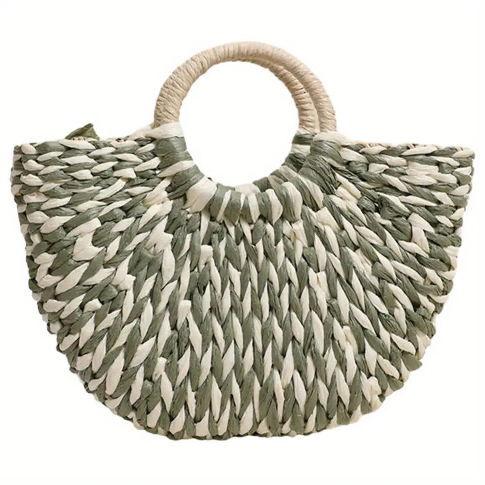 Women’s Summer 2024 Blue Striped Paper Rope Straw Woven Bag - Beach Bag with Bamboo Handle Versatile Tote for Market &