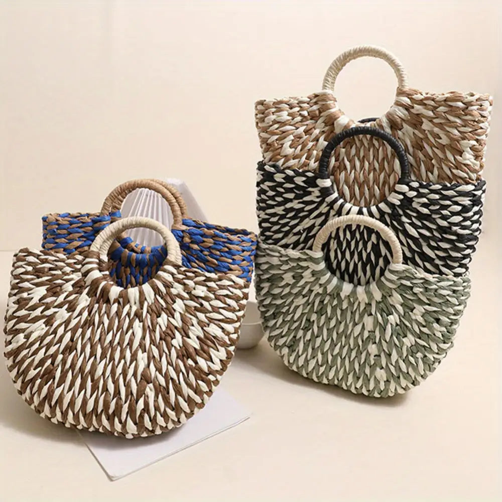 Women’s Summer 2024 Blue Striped Paper Rope Straw Woven Bag - Beach Bag with Bamboo Handle Versatile Tote for Market &