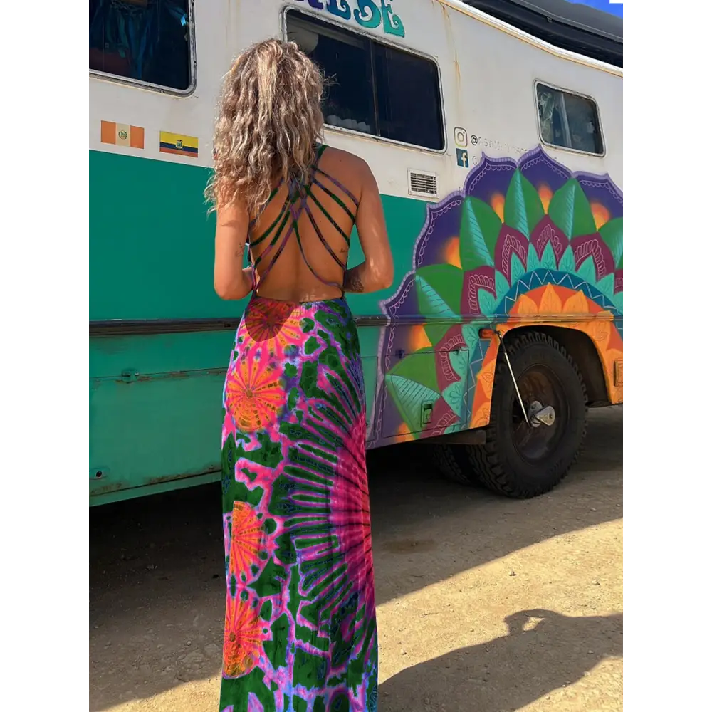 Women’s Summer Tie-Dye Long Dress - Casual U-Neck Sleeveless Cross Backless Fashion - Dress