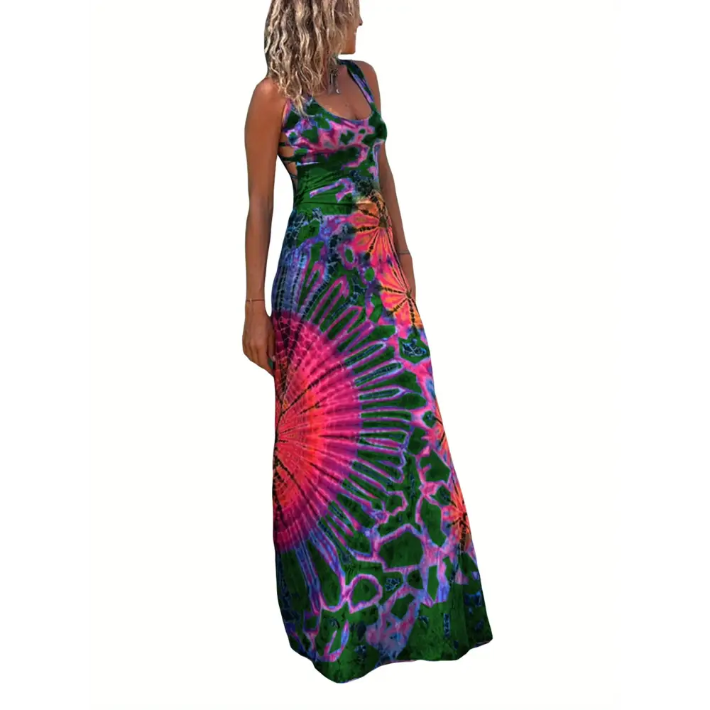 Women’s Summer Tie-Dye Long Dress - Casual U-Neck Sleeveless Cross Backless Fashion - Dress