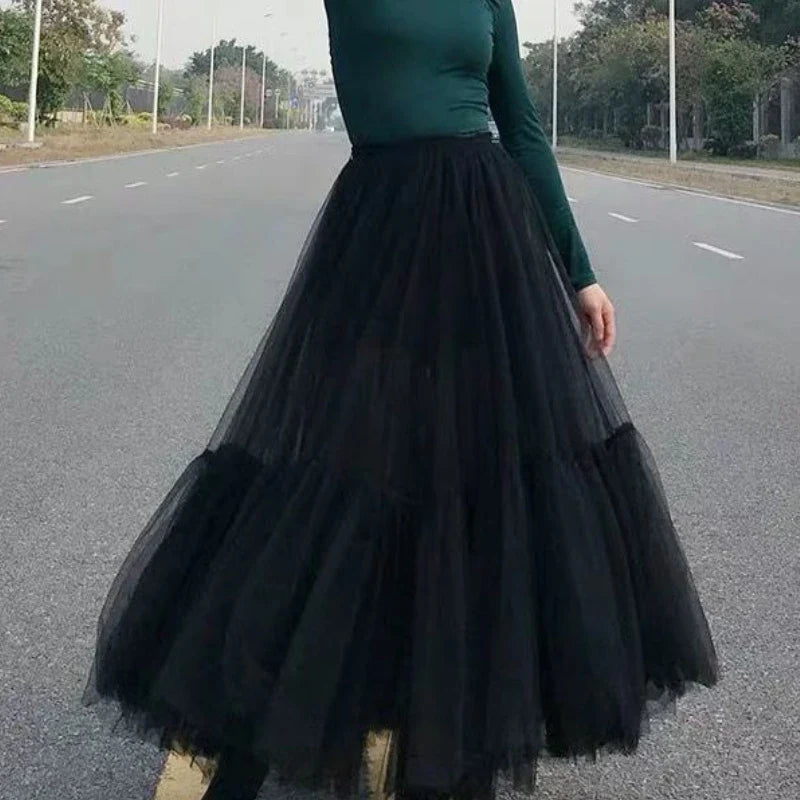 Women’s Three-Layer Mesh Long Skirt - Retro Princess High-Waist Gown Elegant Party wear - black 4-layers / 80cm length