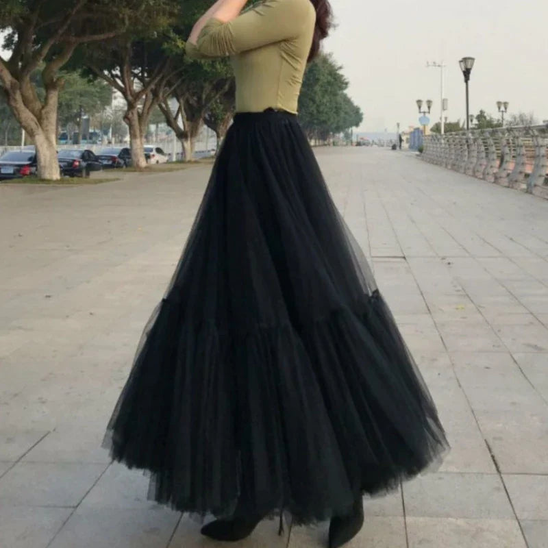 Women’s Three-Layer Mesh Long Skirt - Retro Princess High-Waist Gown Elegant Party wear - High Waisted Maxi Skirt