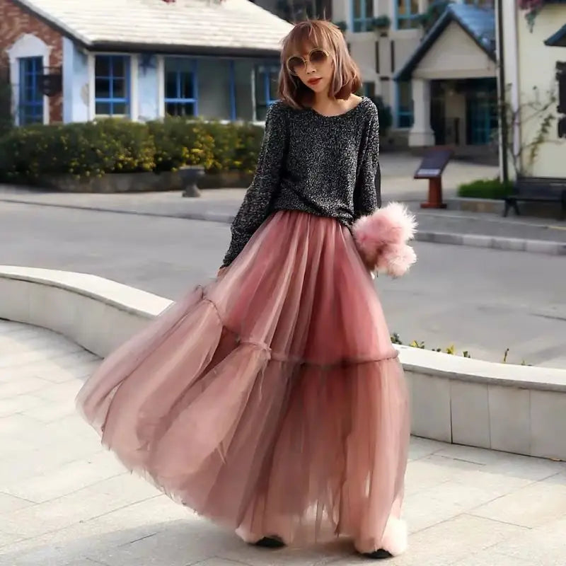 Women’s Three-Layer Mesh Long Skirt - Retro Princess High-Waist Gown Elegant Party wear - High Waisted Maxi Skirt