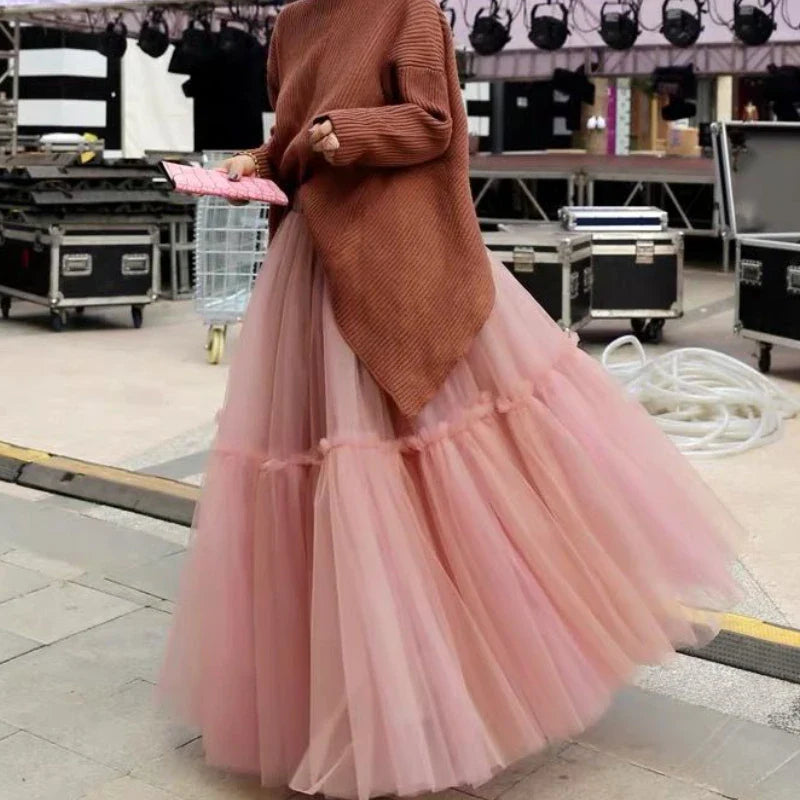 Women’s Three-Layer Mesh Long Skirt - Retro Princess High-Waist Gown Elegant Party wear - High Waisted Maxi Skirt