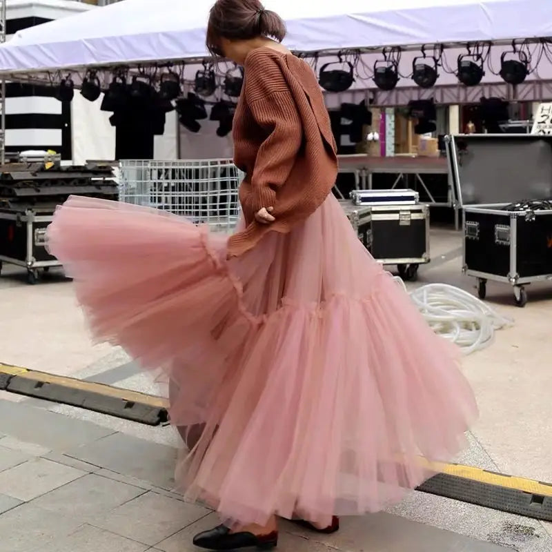 Women’s Three-Layer Mesh Long Skirt - Retro Princess High-Waist Gown Elegant Party wear - High Waisted Maxi Skirt