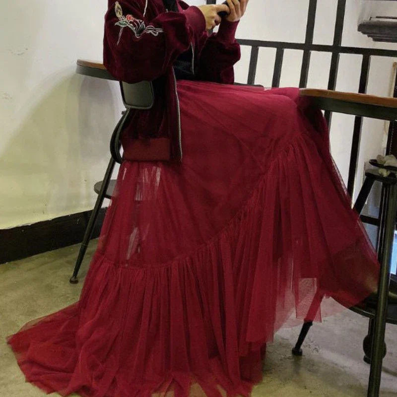 Women’s Three-Layer Mesh Long Skirt - Retro Princess High-Waist Gown Elegant Party wear - burgundy 4-layers / 80cm