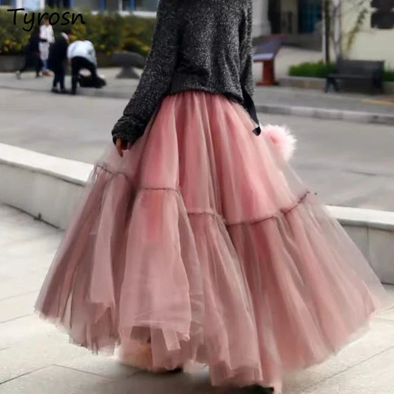 Women’s Three-Layer Mesh Long Skirt - Retro Princess High-Waist Gown Elegant Party wear - High Waisted Maxi Skirt