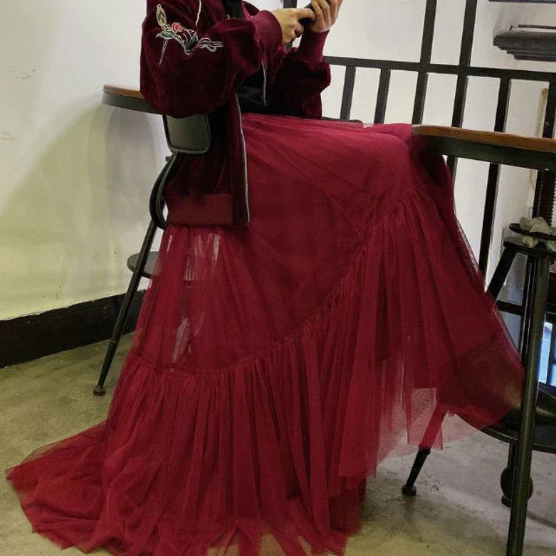 Women’s Three-Layer Mesh Long Skirt - Retro Princess High-Waist Gown Elegant Party wear - High Waisted Maxi Skirt