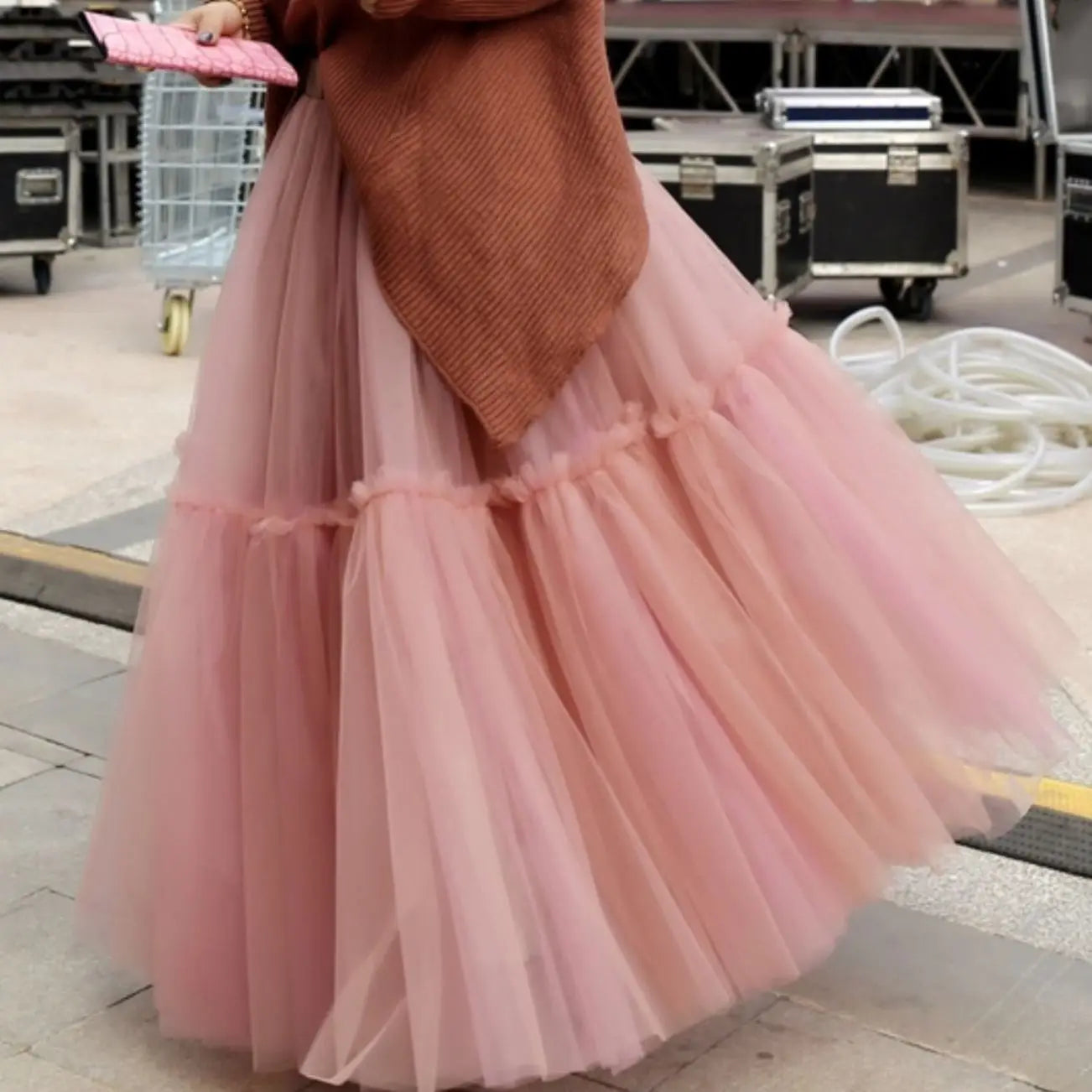 Women’s Three-Layer Mesh Long Skirt - Retro Princess High-Waist Gown Elegant Party wear - pink 4-layers / 90cm length