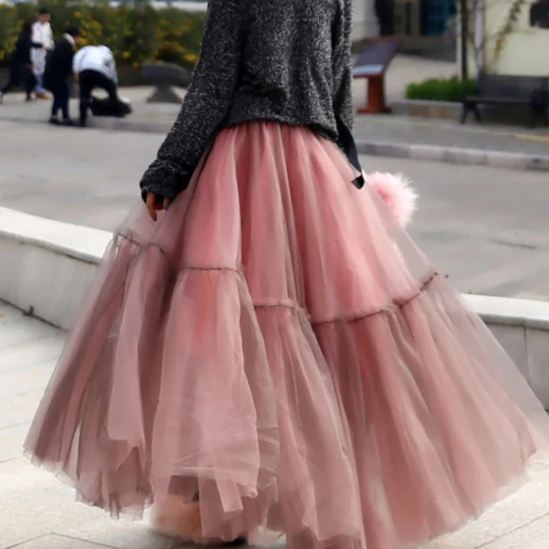 Women’s Three-Layer Mesh Long Skirt - Retro Princess High-Waist Gown Elegant Party wear - coffee-pink 3-layers / 80cm