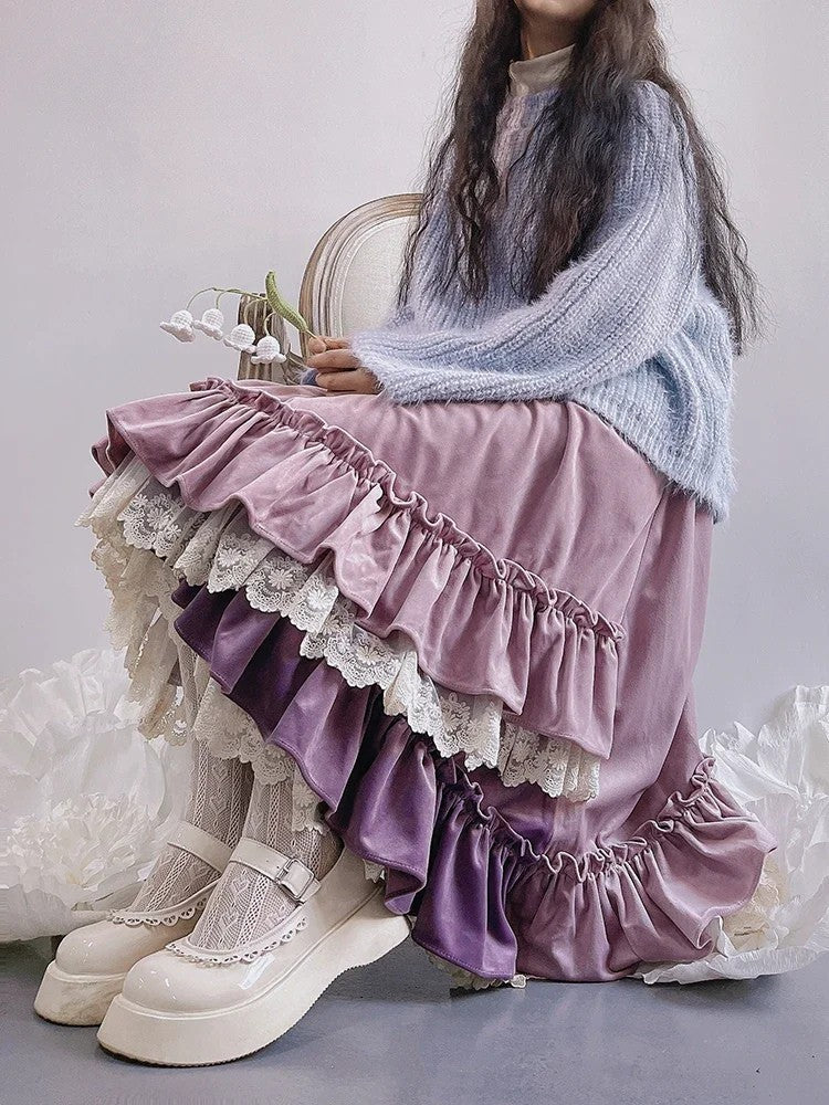 Women’s Vintage Patchwork Ruffle Pleated Long Skirt – High Waist Cake Skirt Irregular A-Line Summer Fashion - Midi Skirt