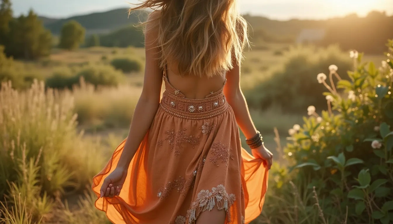 Flowing orange sundress catching the golden sunlight.