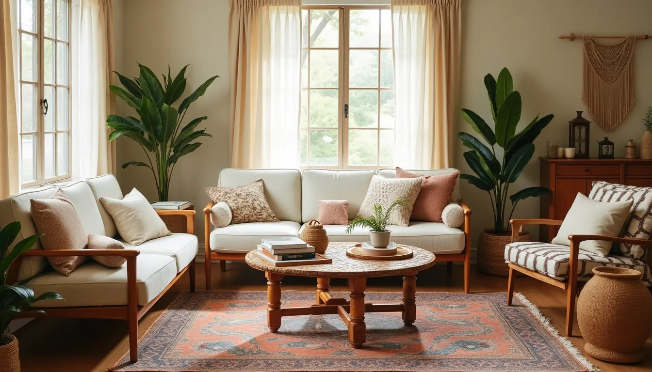Cozy living room setup with cream-colored sofas and wooden coffee tables.