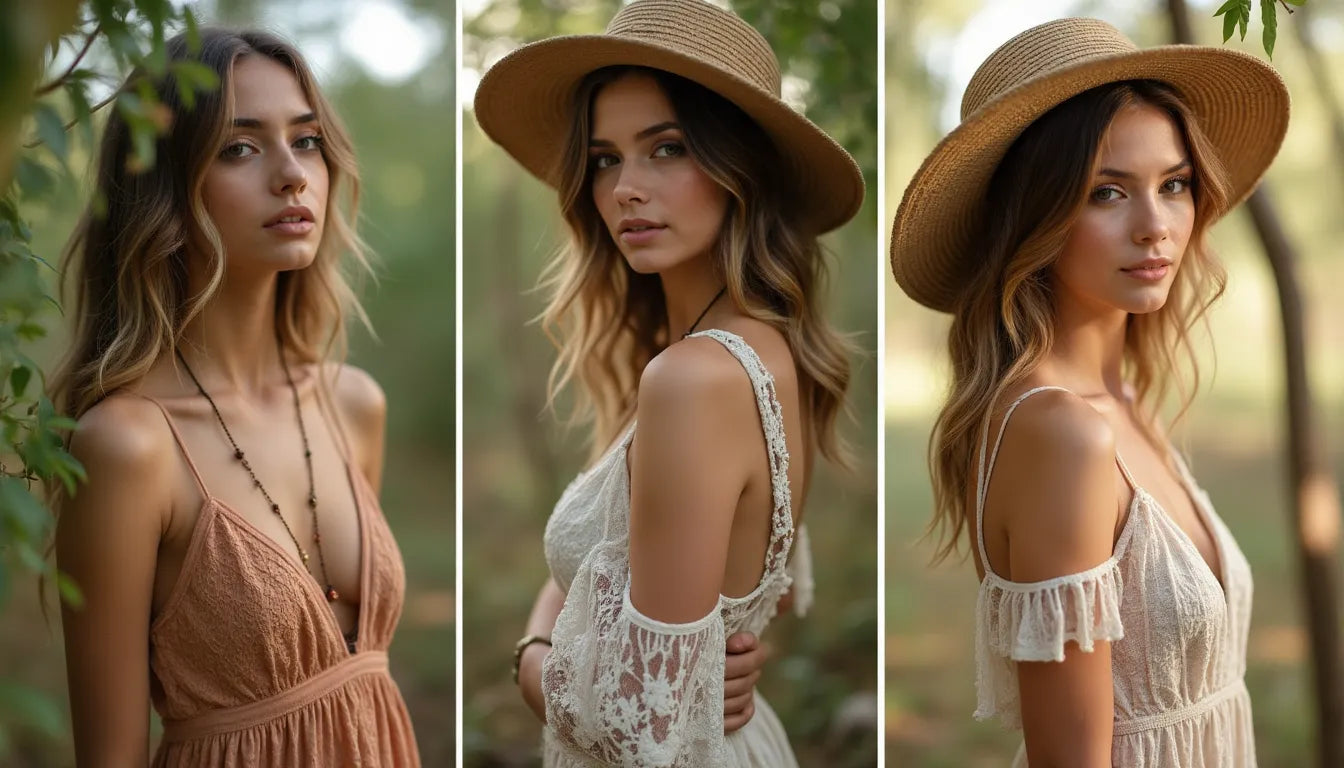 Three fashion portraits featuring bohemian-style summer dresses and a straw sun hat.