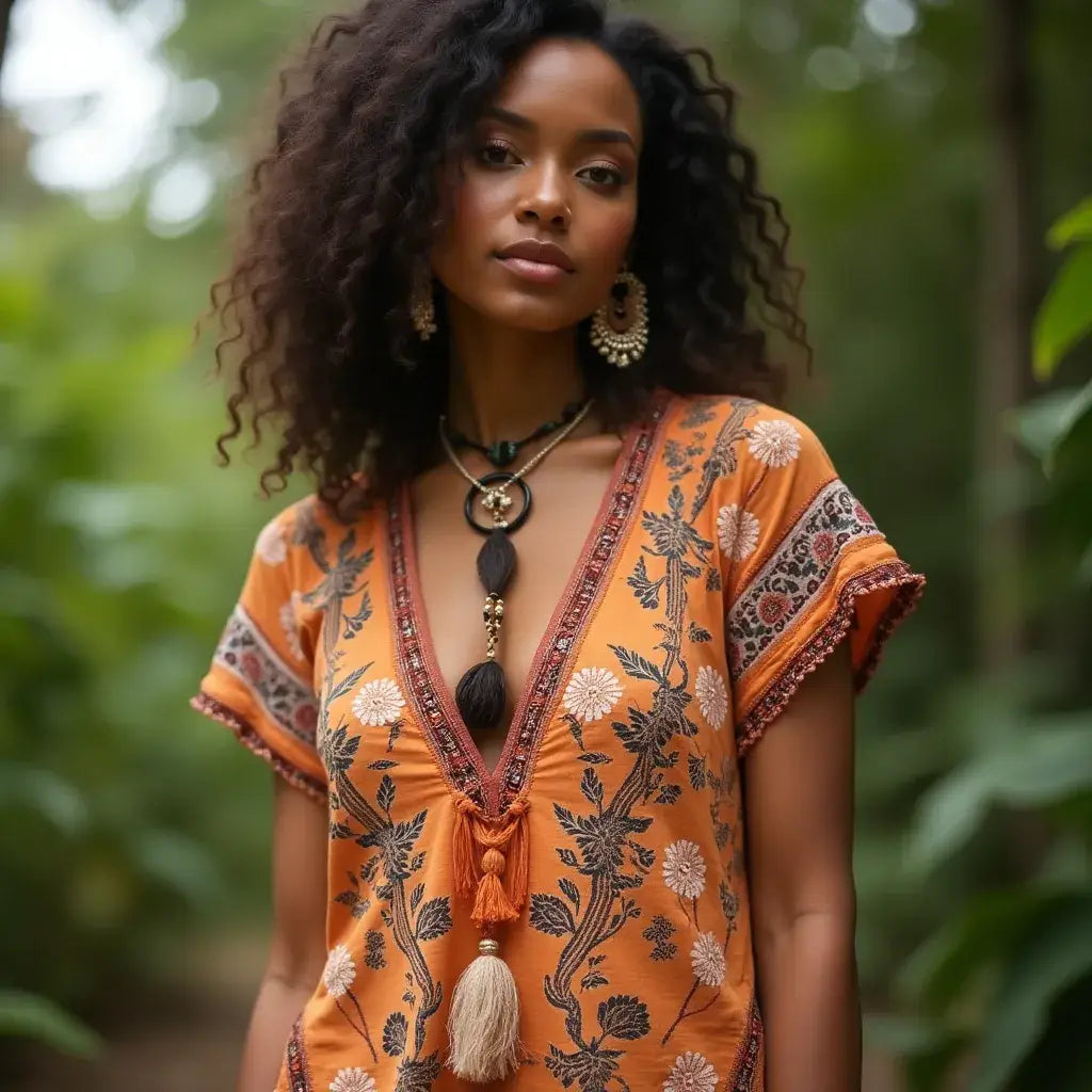 Bohemian-style orange floral tunic with tassel details.
