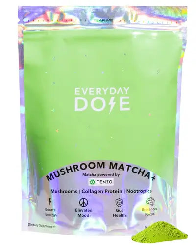 Everyday Dose mushroom matcha powder in a holographic bag.