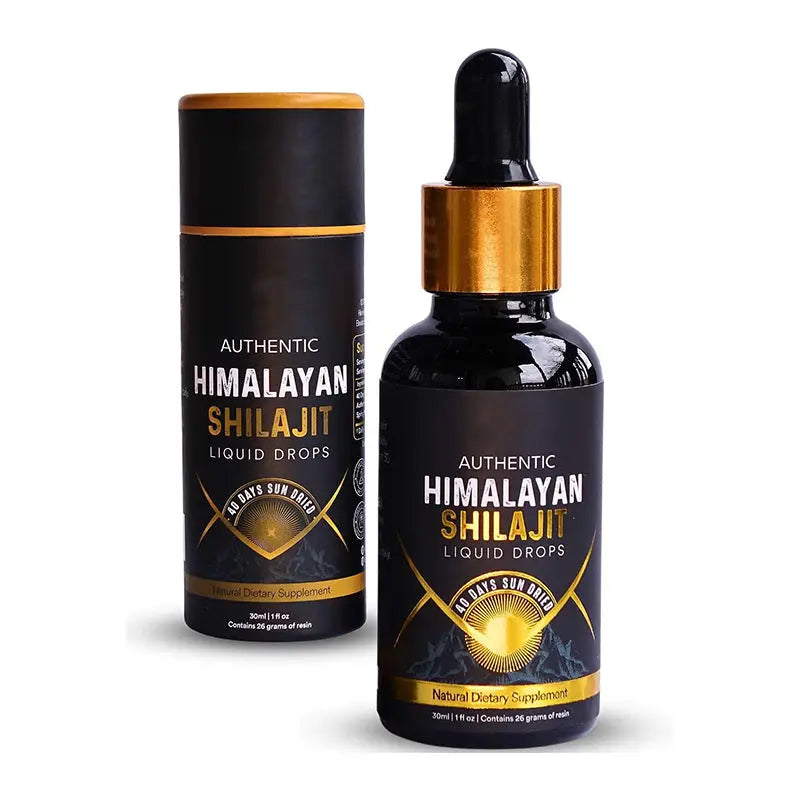 Black bottle with gold accents containing Himalayan Shilajit liquid drops.