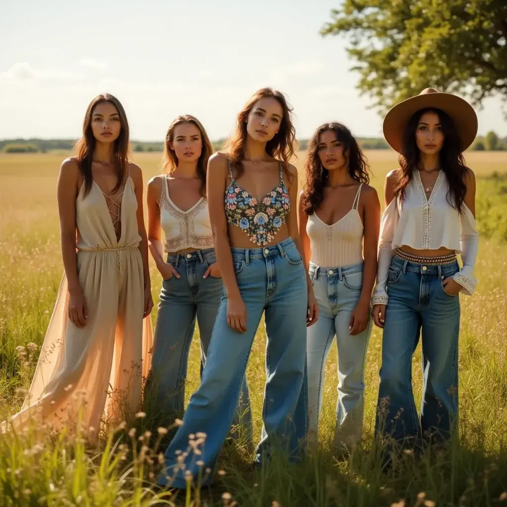Five women in jeans and tops.