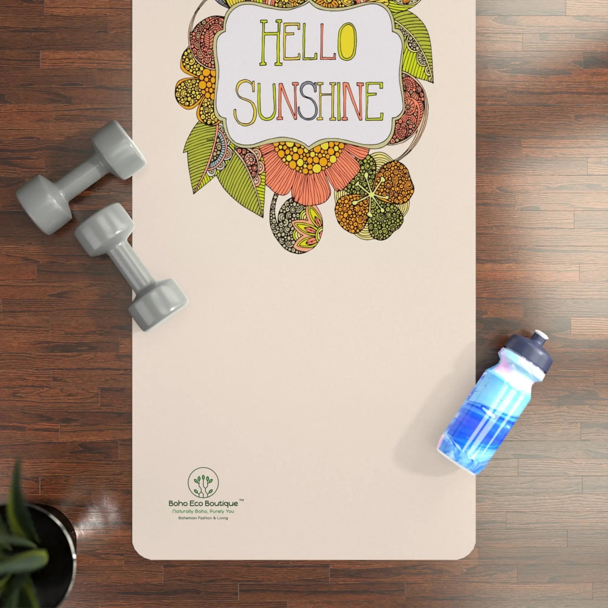 Yoga mat with floral design.