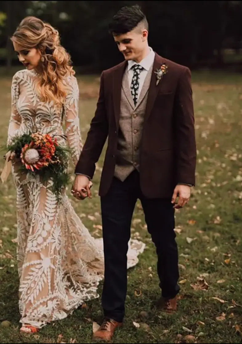 Newlyweds walking hand-in-hand.