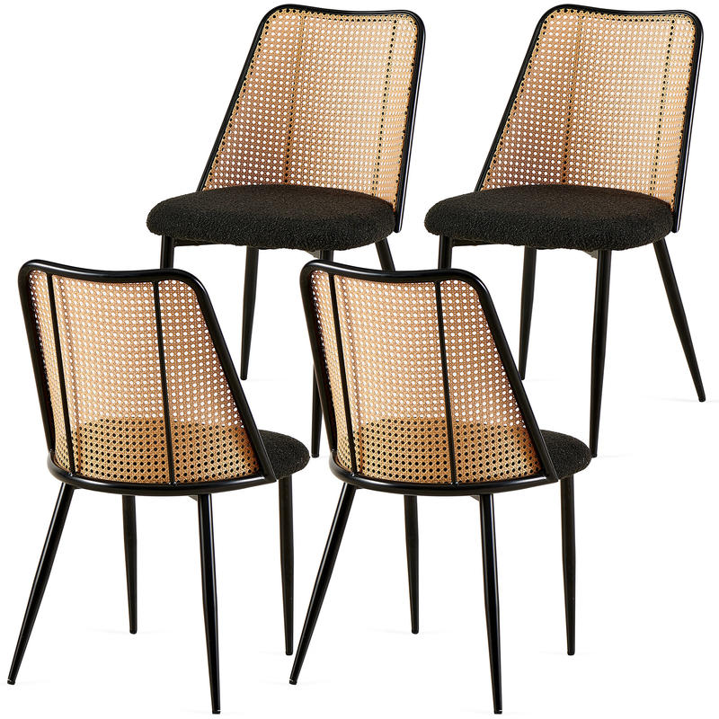 Set of 4 Black Rattan Dining Chairs - Boucle Upholstered Seats with Natural Cane Back, Modern Dining Room and Kitchen Chairs