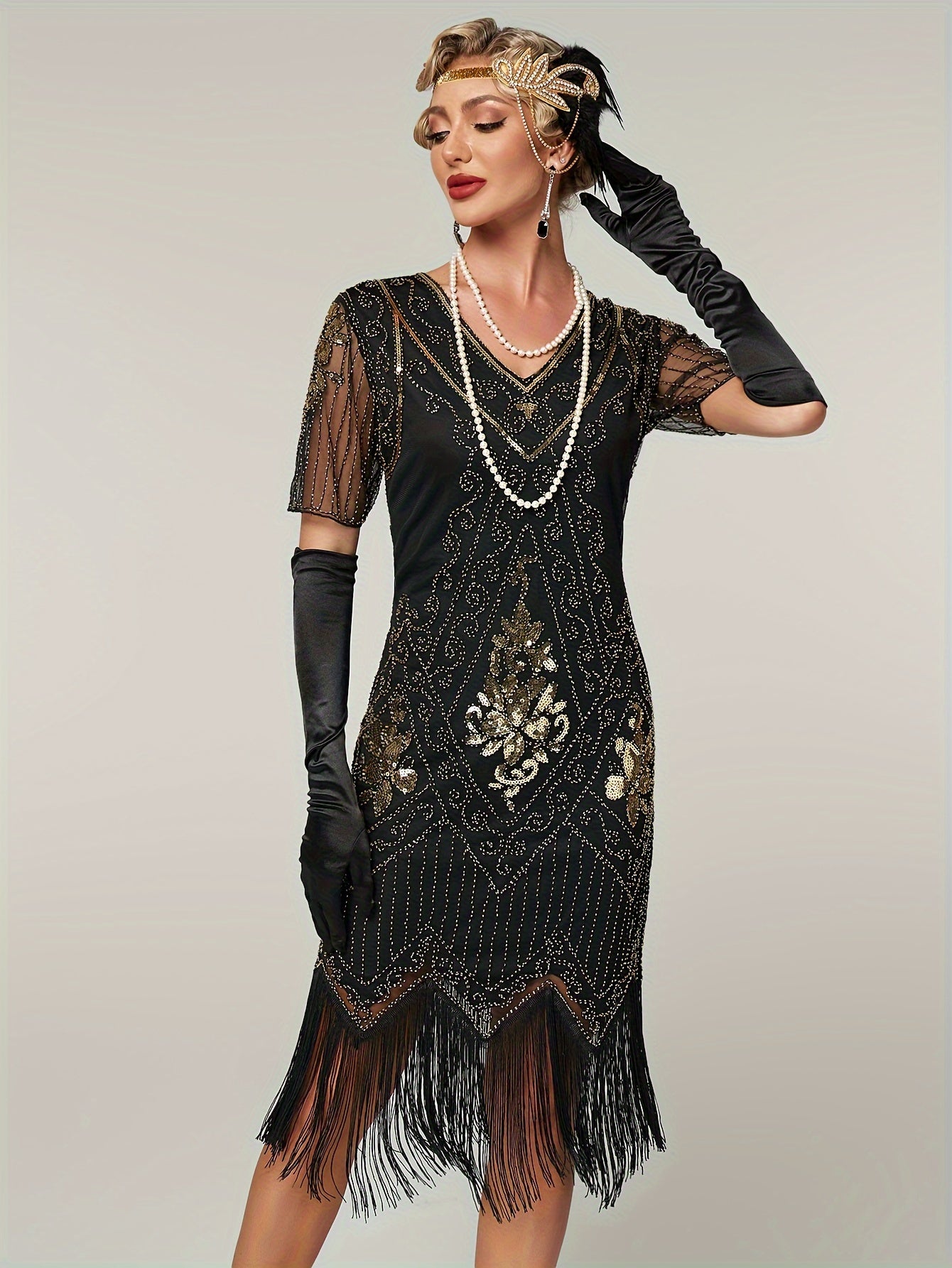 Retro Short Sequin Flapper Dress - V-Neck Slim Fit with Illusion Sleeves & Fringe Detail, Women's Vintage-Inspired Party Clothing