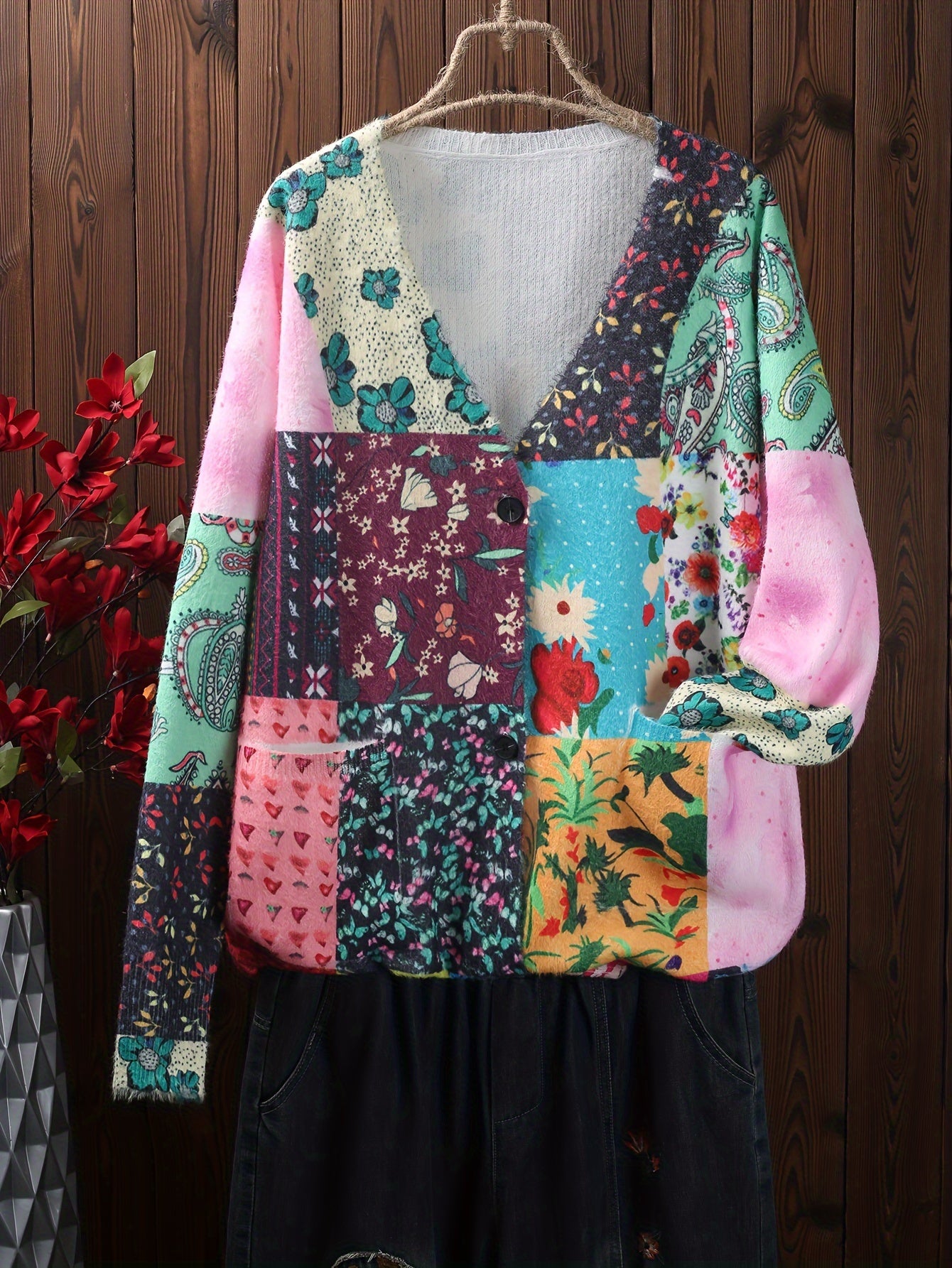 Plus size Patchwork Women's Cardigan - Vibrant Flower & Patchwork Print, V Neck, Long Sleeve, Button Front, Knitted, Vacation Style, Comfortable and Cozy