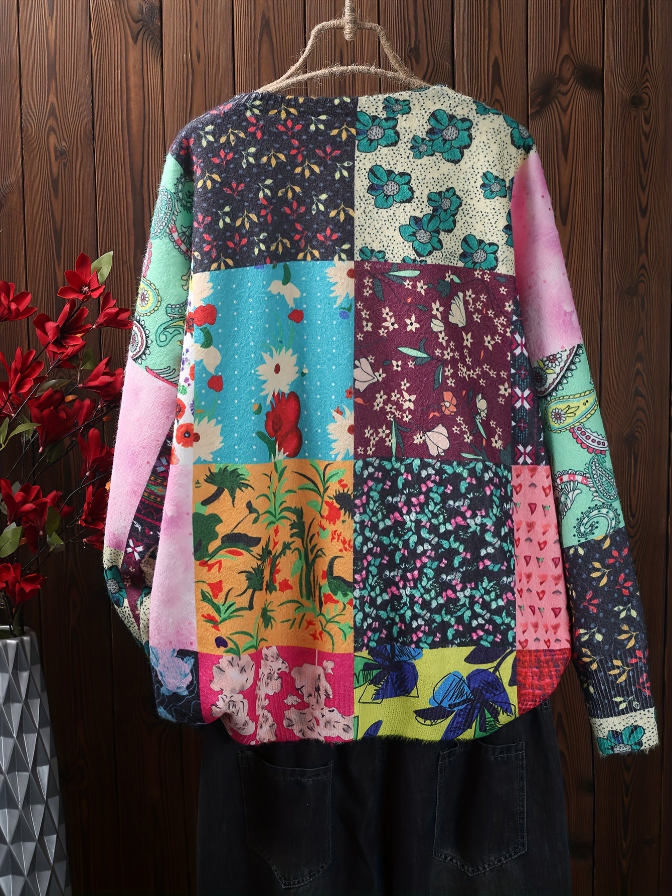 Plus size Patchwork Women's Cardigan - Vibrant Flower & Patchwork Print, V Neck, Long Sleeve, Button Front, Knitted, Vacation Style, Comfortable and Cozy