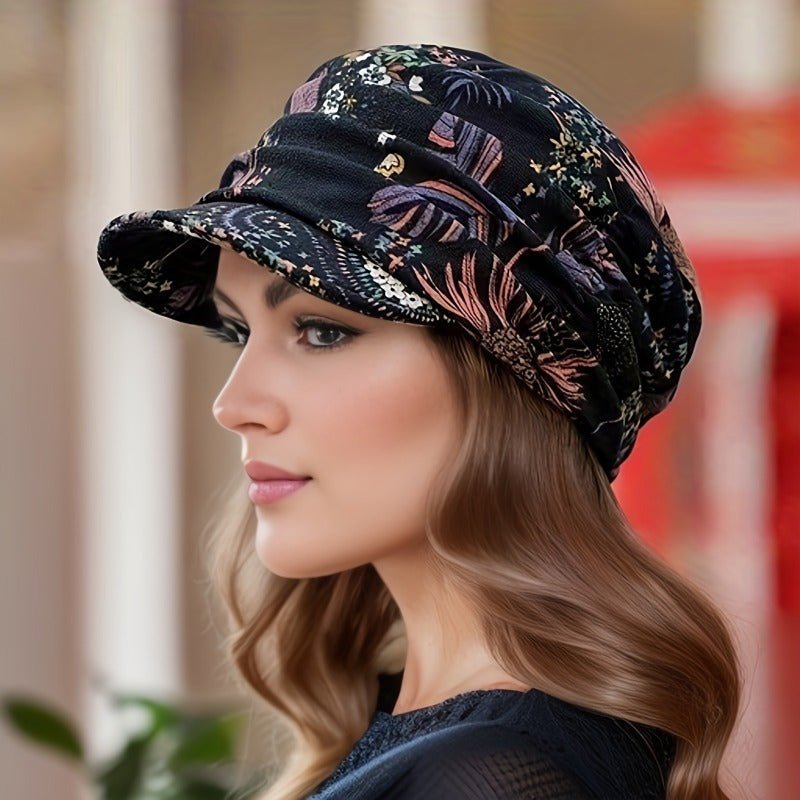 accessories - 1 pc Vintage Flower fashionable, and versatile Print Newsboy Hat Classic Ruched Sun Hats Lightweight Peaked Cap For Women, Comfortable, lightweight - Boho Eco Boutique™ - accessories - Boho Eco Boutique™ - Black - 