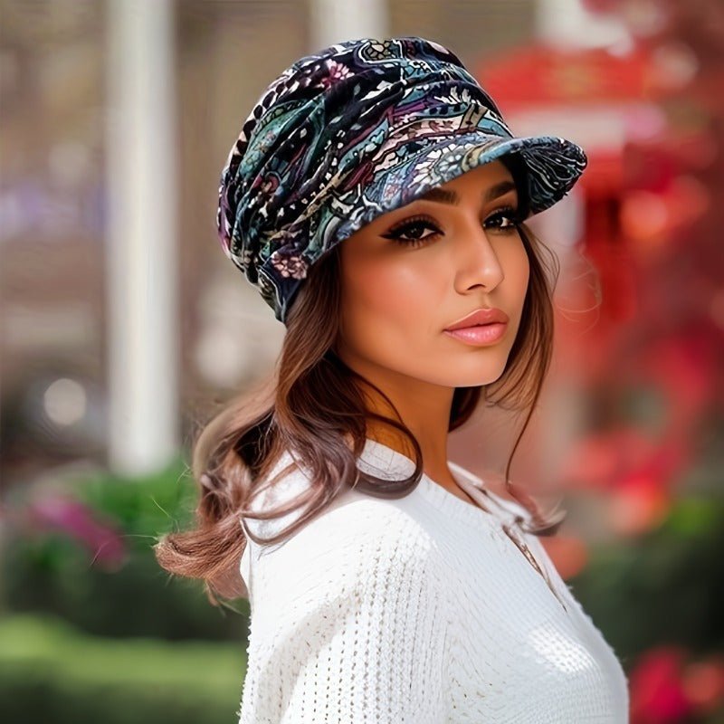 accessories - 1 pc Vintage Flower fashionable, and versatile Print Newsboy Hat Classic Ruched Sun Hats Lightweight Peaked Cap For Women, Comfortable, lightweight - Boho Eco Boutique™ - accessories - Boho Eco Boutique™ - Black - 