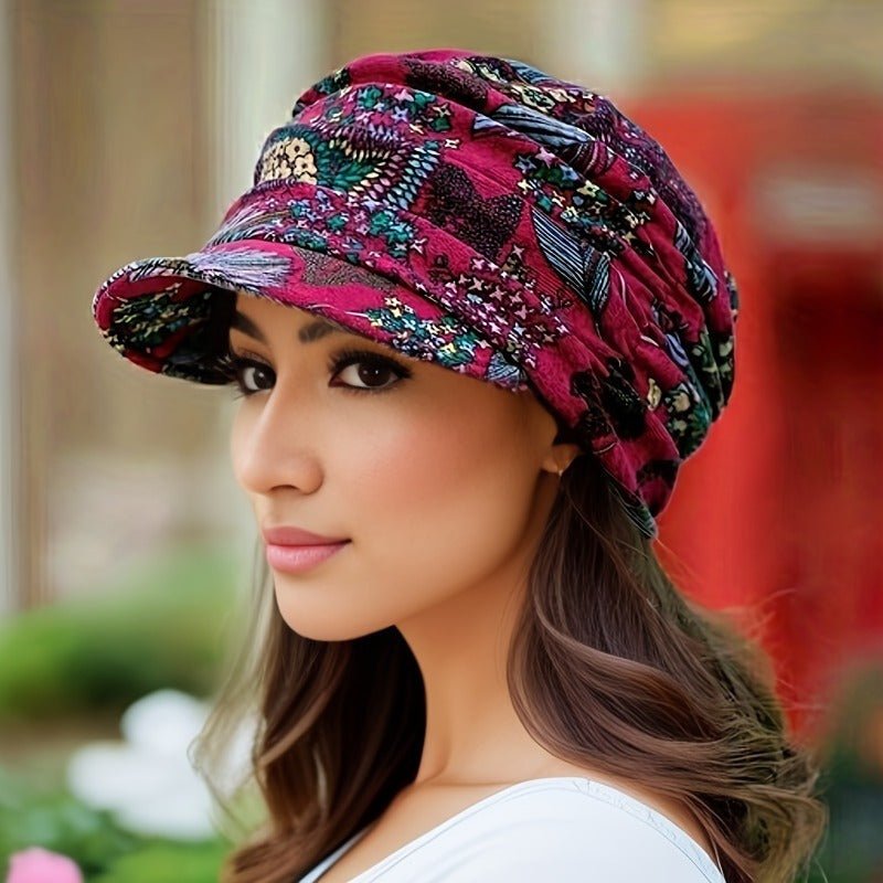 accessories - 1 pc Vintage Flower fashionable, and versatile Print Newsboy Hat Classic Ruched Sun Hats Lightweight Peaked Cap For Women, Comfortable, lightweight - Boho Eco Boutique™ - accessories - Boho Eco Boutique™ - Black - 