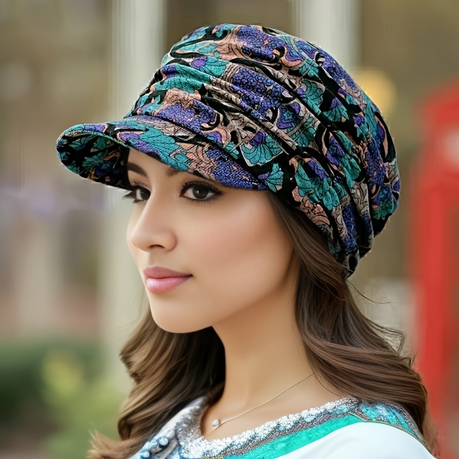 accessories - 1 pc Vintage Flower fashionable, and versatile Print Newsboy Hat Classic Ruched Sun Hats Lightweight Peaked Cap For Women, Comfortable, lightweight - Boho Eco Boutique™ - accessories - Boho Eco Boutique™ - Purple Blue - 
