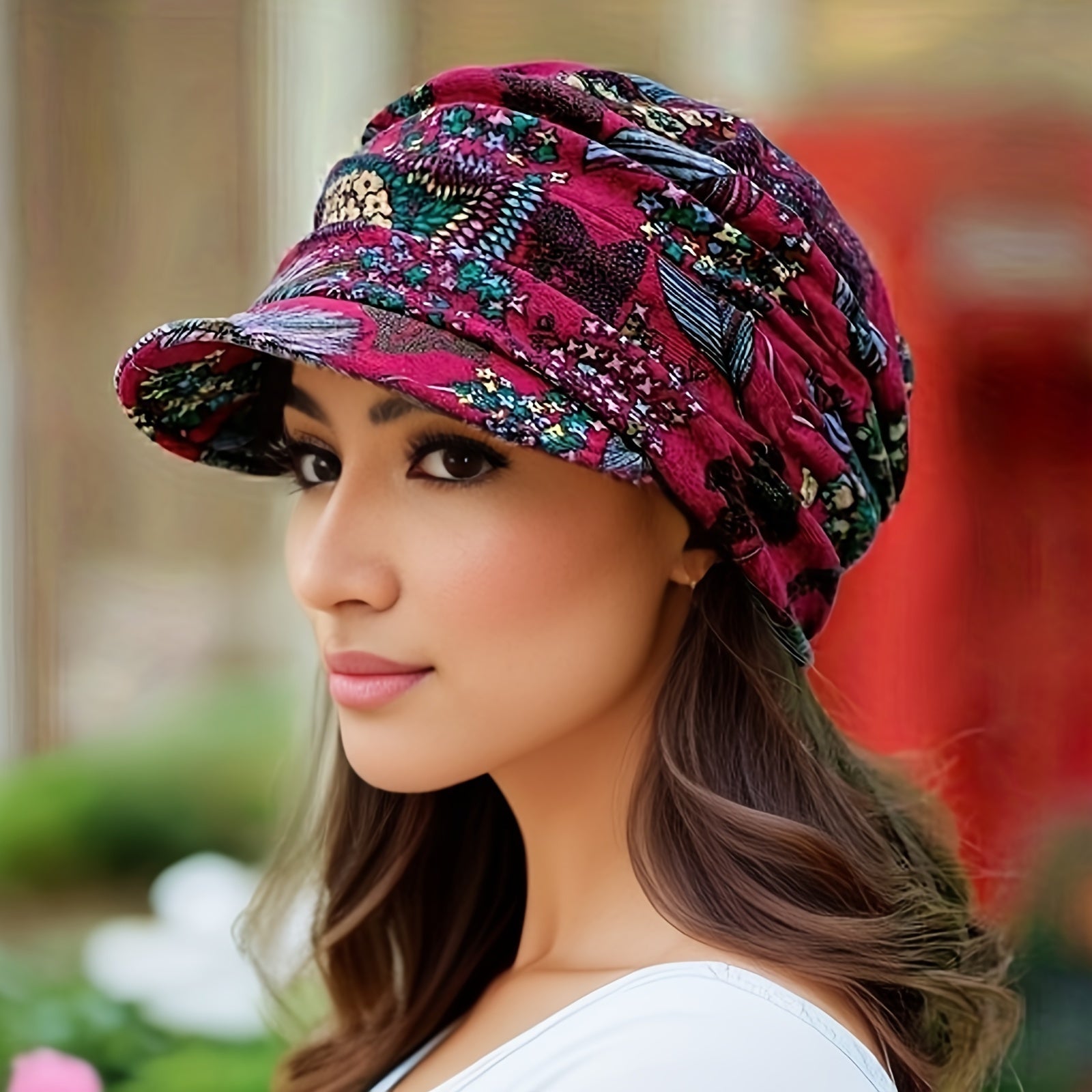 accessories - 1 pc Vintage Flower fashionable, and versatile Print Newsboy Hat Classic Ruched Sun Hats Lightweight Peaked Cap For Women, Comfortable, lightweight - Boho Eco Boutique™ - accessories - Boho Eco Boutique™ - Rose Red - 