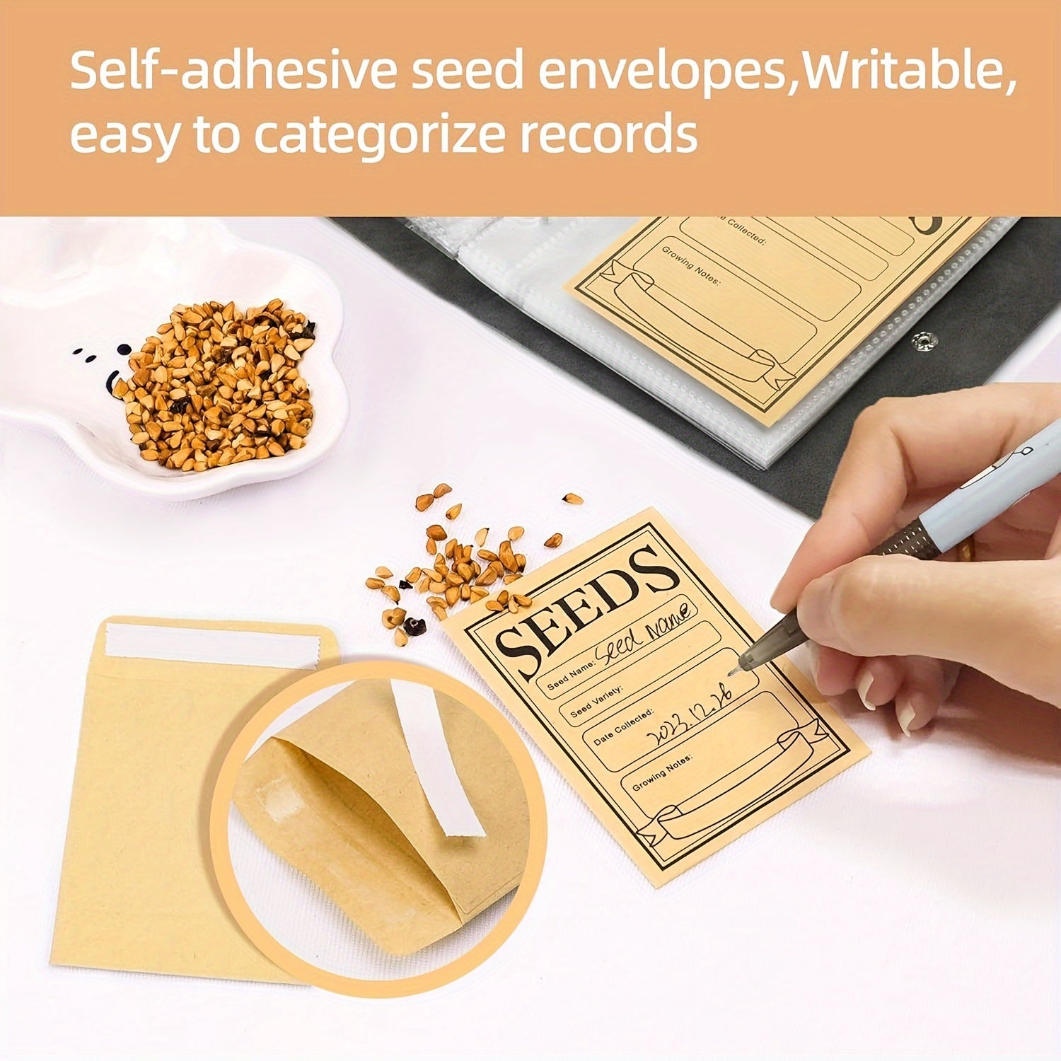 1 Set Garden Seeds Storage Organizer – Seed Organizer Binder with 50 Self-Sealing Seed Envelopes | Seed Packet