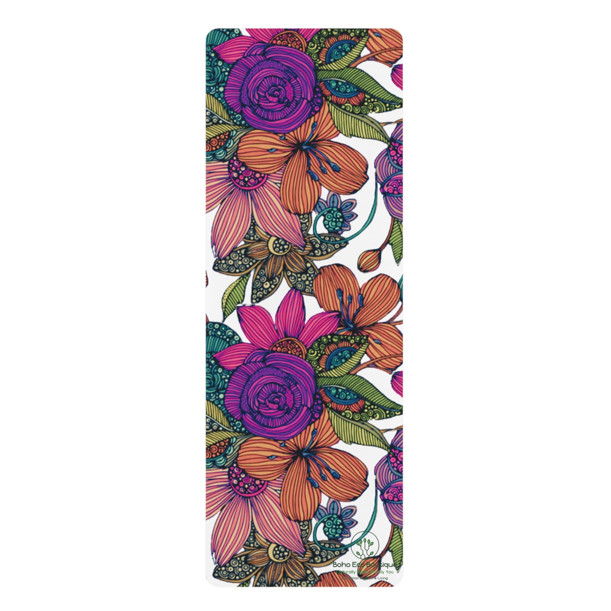 Custom Boho Eco Yoga Mat | Vibrant Floral & White Rubber Mat | Non-Slip & Eco-Friendly | Perfect for Home, Gym & Yoga Workouts