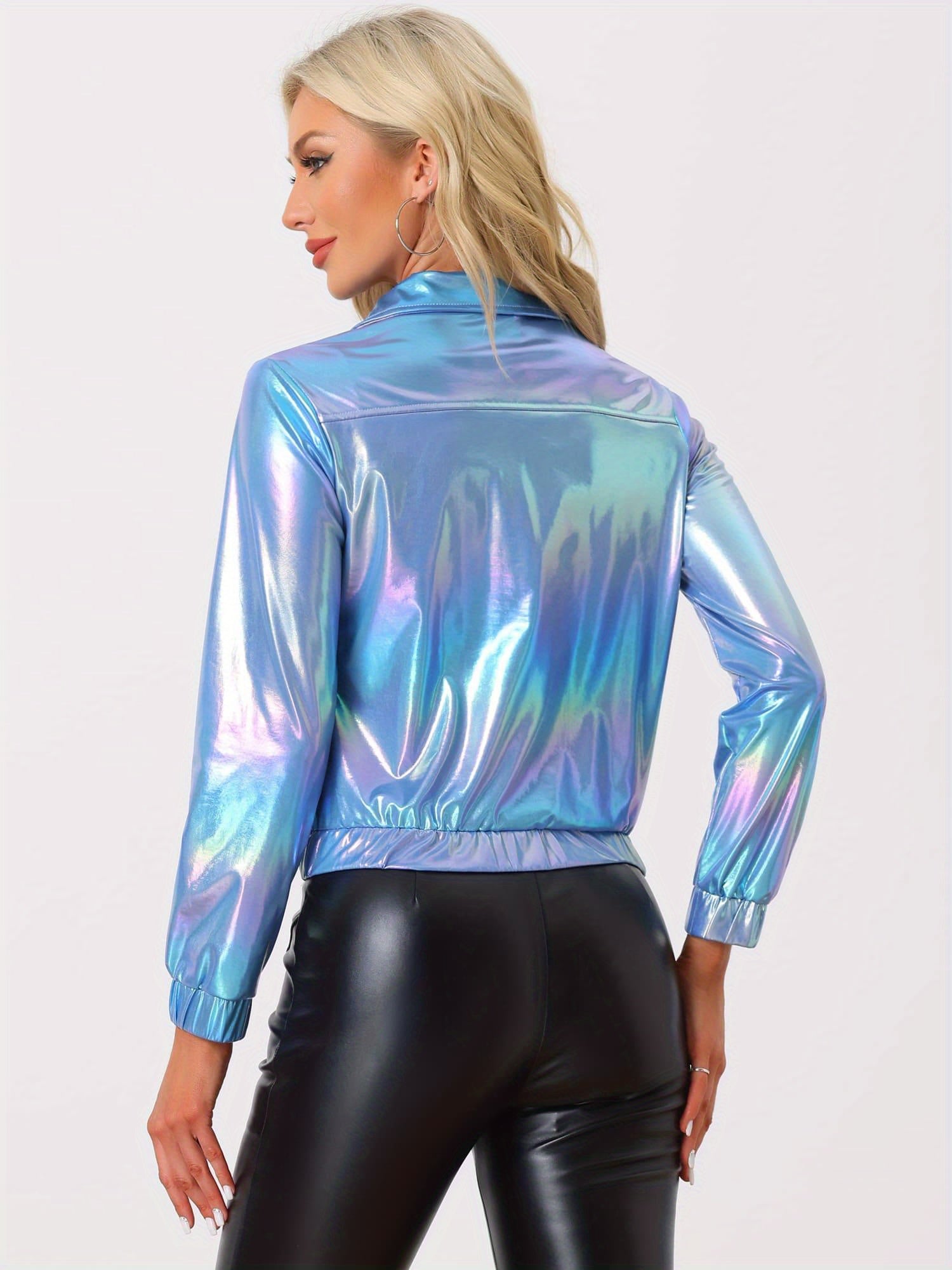 Women's Holographic Metallic Jacket - Shiny Long Sleeve Lightweight Zipper Coat for Parties & Christmas