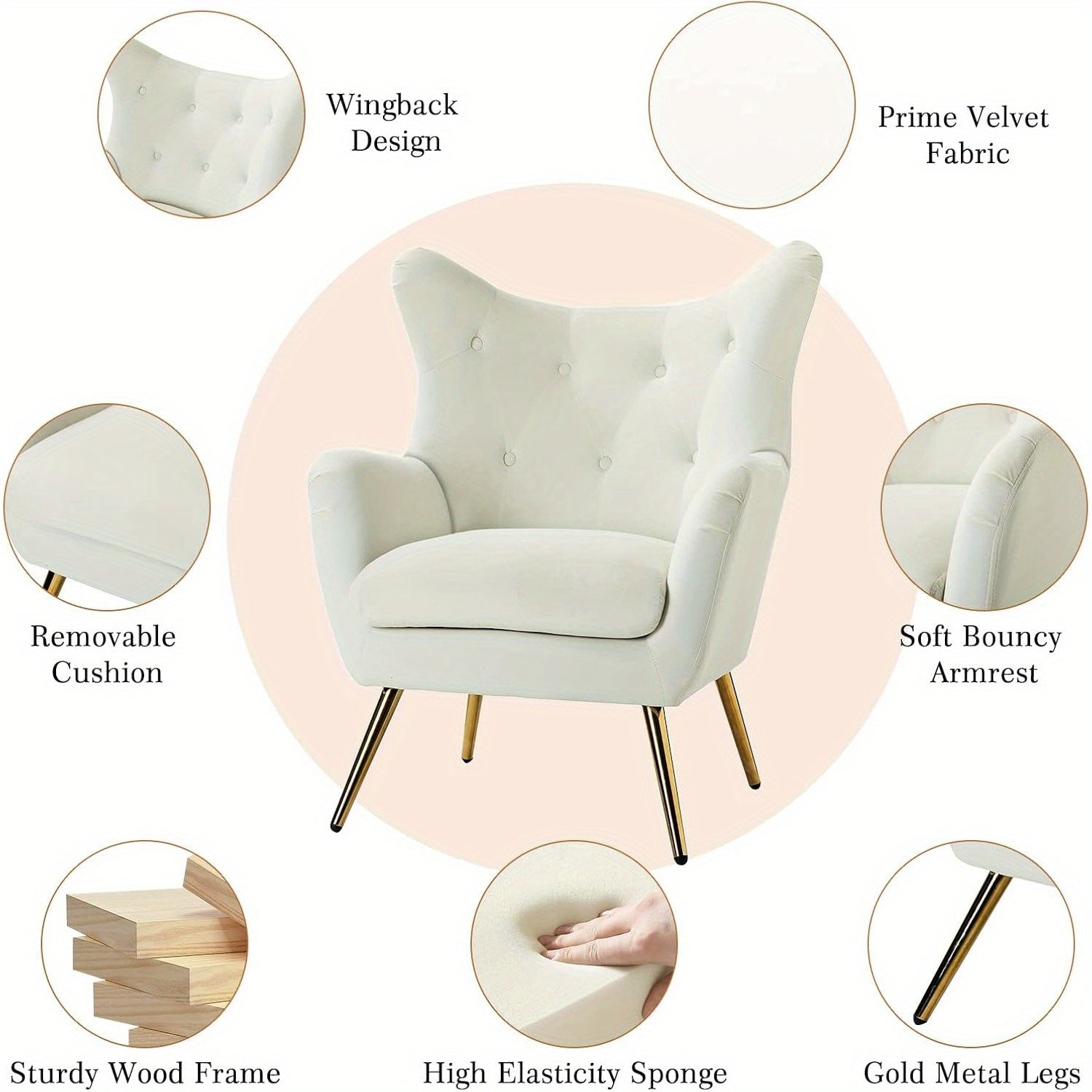 Velvet Wingback Accent Chair - Modern Tufted Armchair with Gold Metal Legs, Single Sofa Chair for Living Room, Bedroom, Club, or Stadium Suite