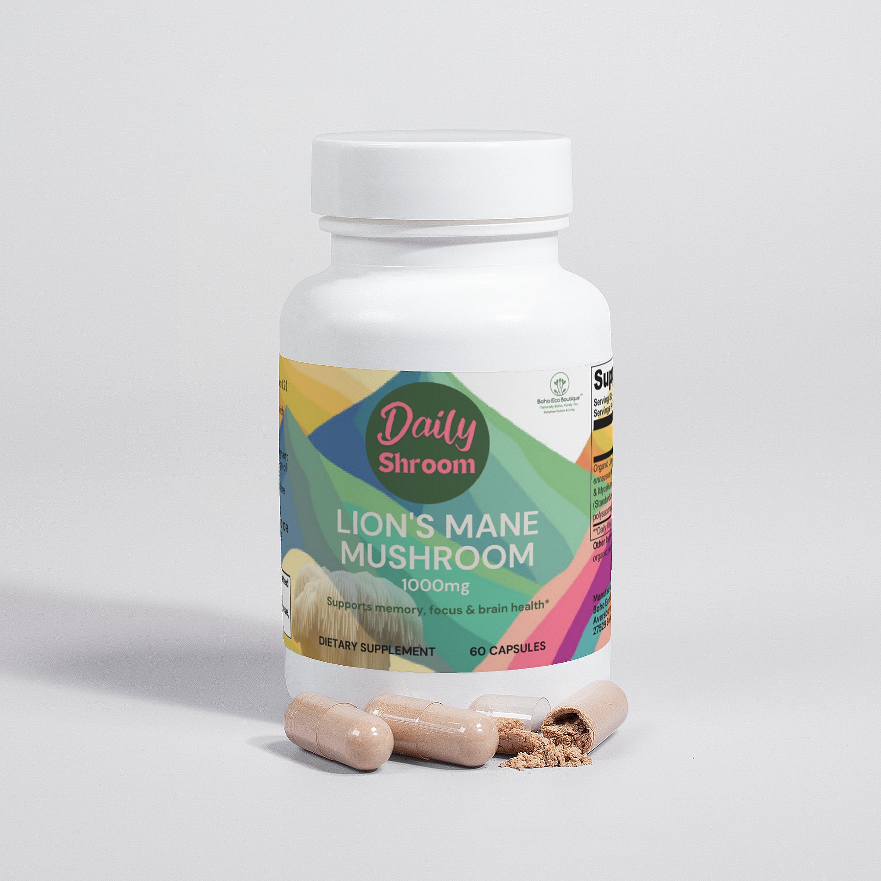 Daily Shroom Lion's Mane Mushroom Supplement - Vegan Brain Health & Energy Booster, Nootropic Cognitive Support, Memory, and Focus Enhancement - 60 Capsules