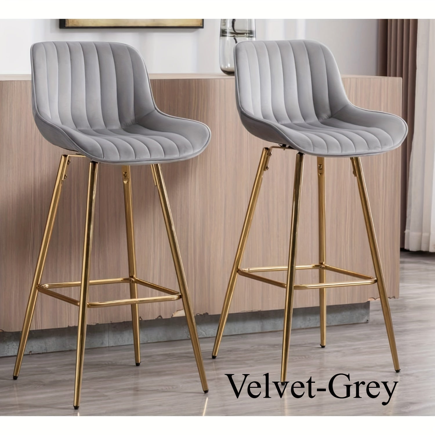 Set of 2 Modern 32-Inch Swivel Velvet Barstools with Backrest – Gold Footrest Bar Height Chairs for Kitchen Island, Home Bar, or Pub