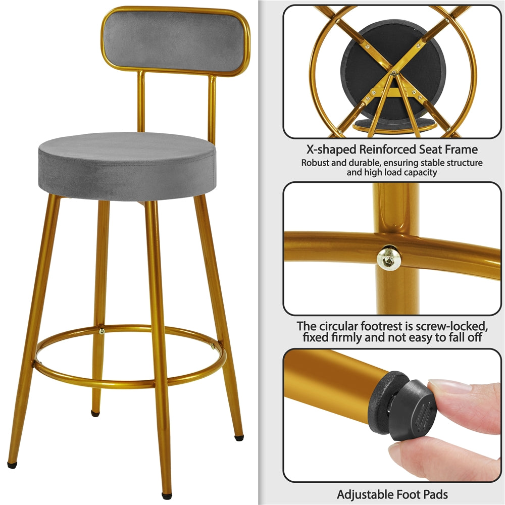 Set of 2 Velvet Bar Stools - 26'' Height with Backrest and Footrest, Modern Upholstered Counter Height Chairs for Kitchen, Dining, or Bar